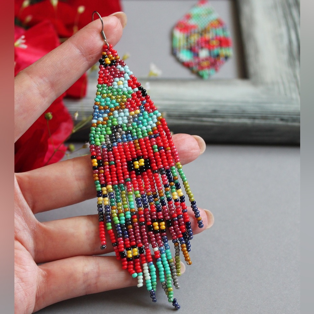 Colorful Poppy flower Beaded Dangle Earrings - Picture 2 of 5